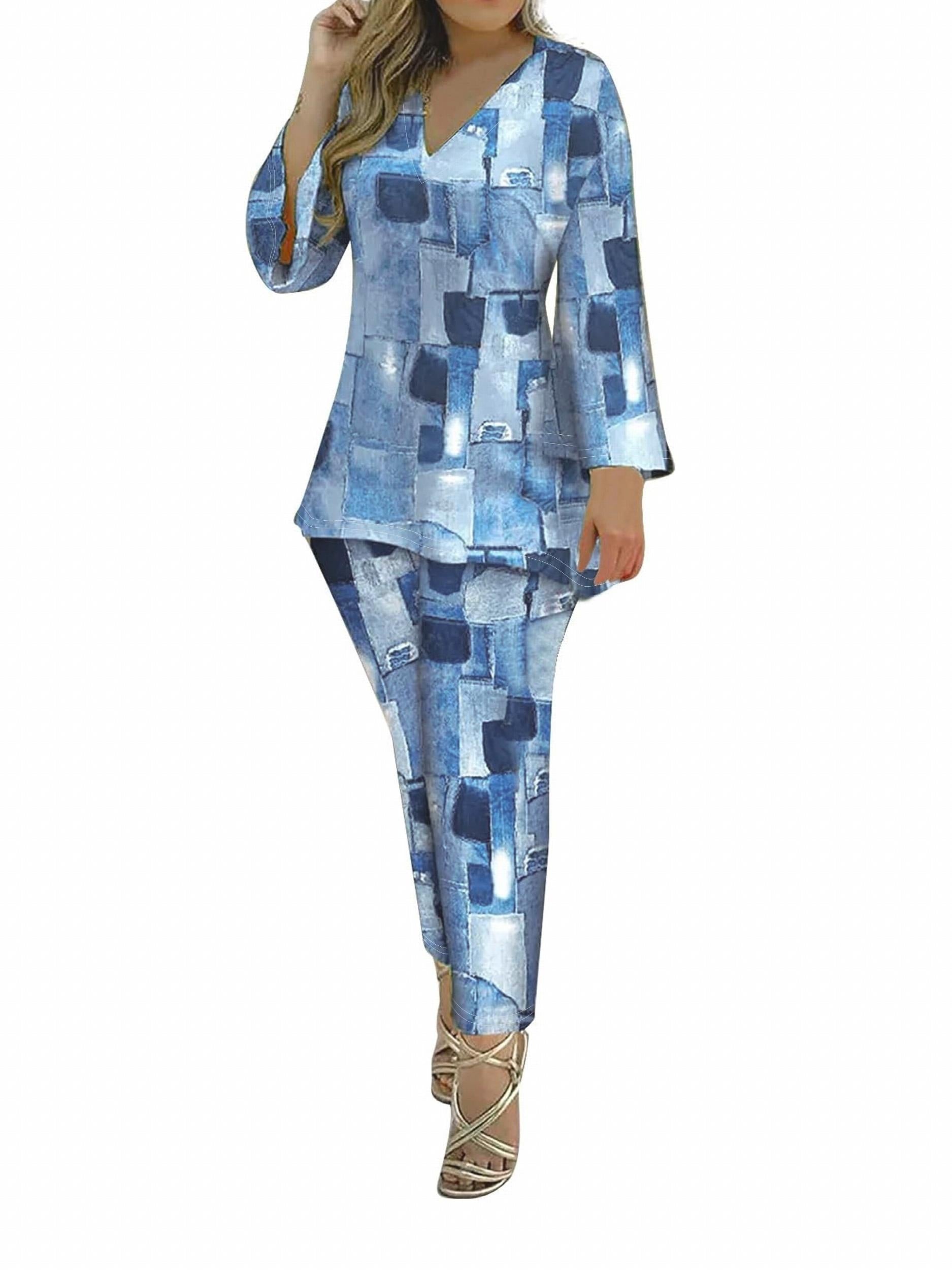 Patchwork Print Two Piece Set V Neck Long Sleeve Tops & Pants