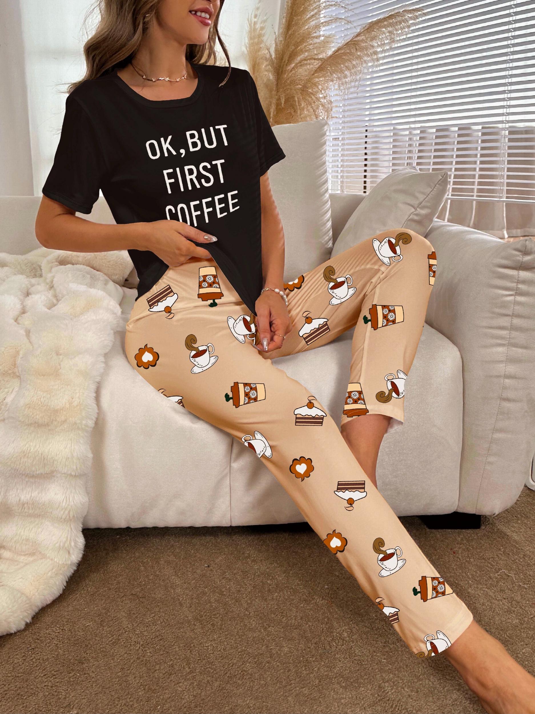 Letter Print Pajama Set Short Sleeve Top & Pants Sleepwear