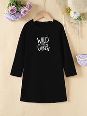 Girls' Letter Print Long Sleeve A Line Dress for Spring Fall