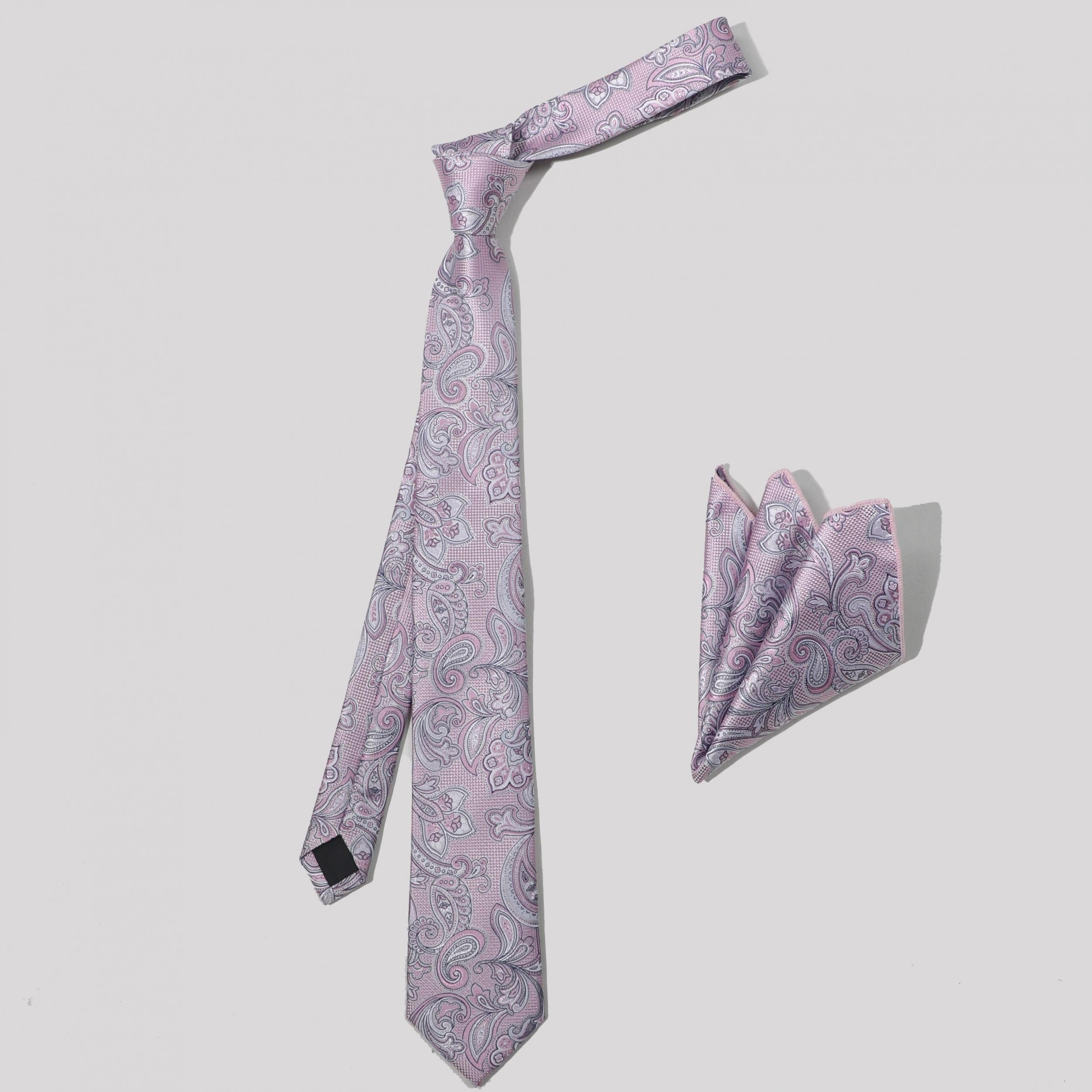 Purple Paisley Jacquard Tie Set & Lapel Pin Brooch & Handkerchief