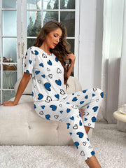 Heart Print Pajama Set Short Sleeve Top & Pants Women's Sleepwear