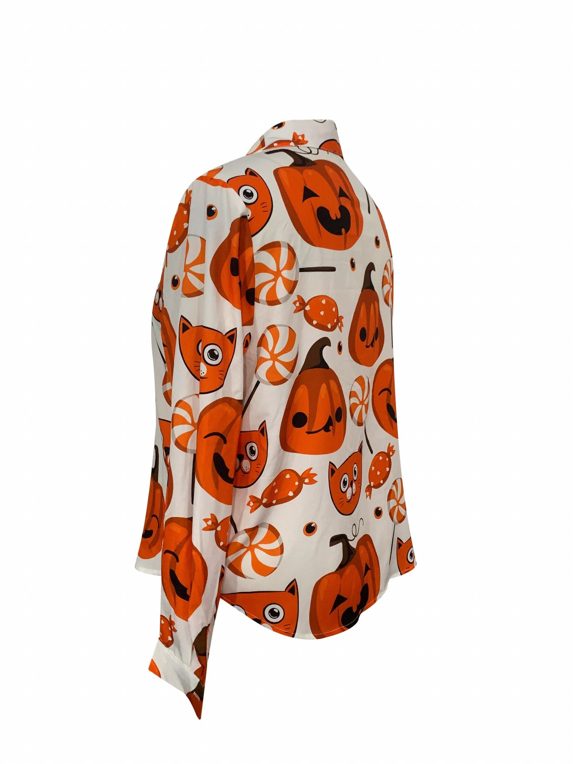  Cat & Pumpkin Print Button Up Long Sleeve Blouse