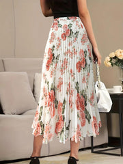  Floral Print Elastic High Rise Pleated Maxi Skirt