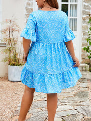  Heart Print Ruffle Trim Bell Sleeve Smock Dress