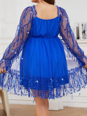  Party Dress Women's Sequin Mesh Long Sleeve Sweetheart Neck