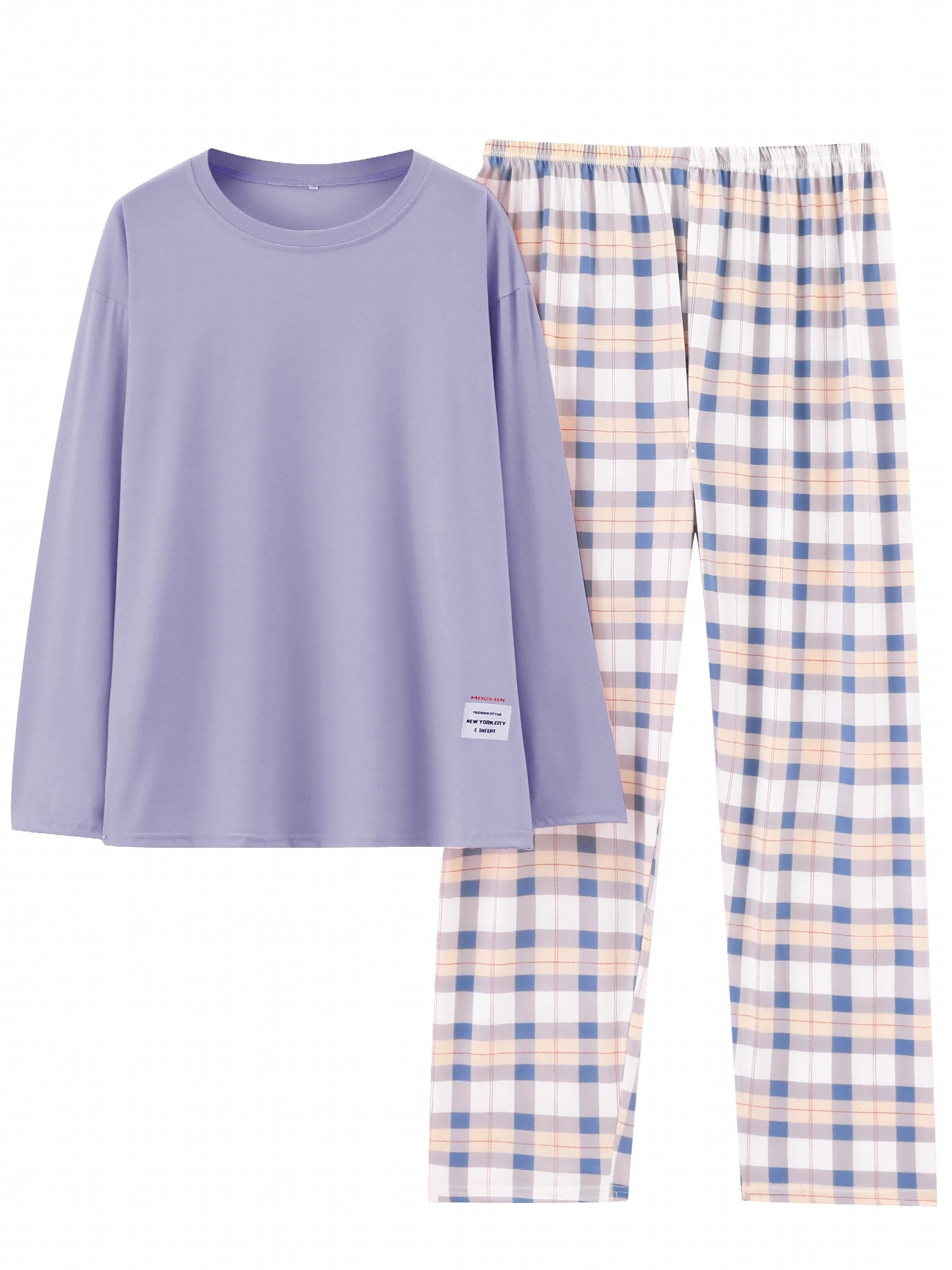  Casual Pajamas Set Women's Soft Tee & Plaid Pants 2pcs Set