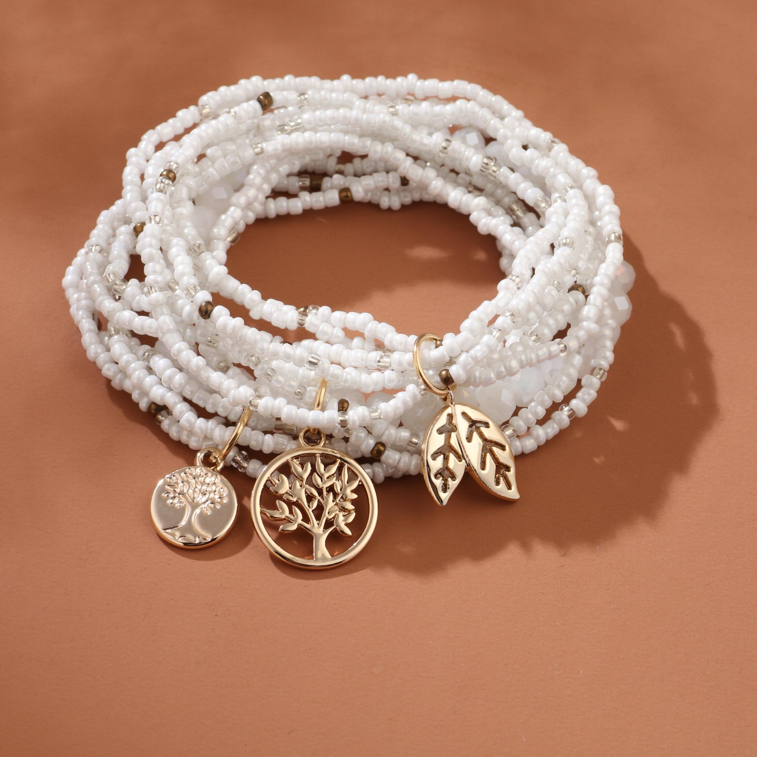 Leaf Shape Pendant Beaded Bracelet Boho Style Hand Jewelry For Women