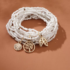 Leaf Shape Pendant Beaded Bracelet Boho Style Hand Jewelry For Women