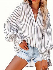  Striped Print Lantern Sleeve Button Up Collar Tunic Top