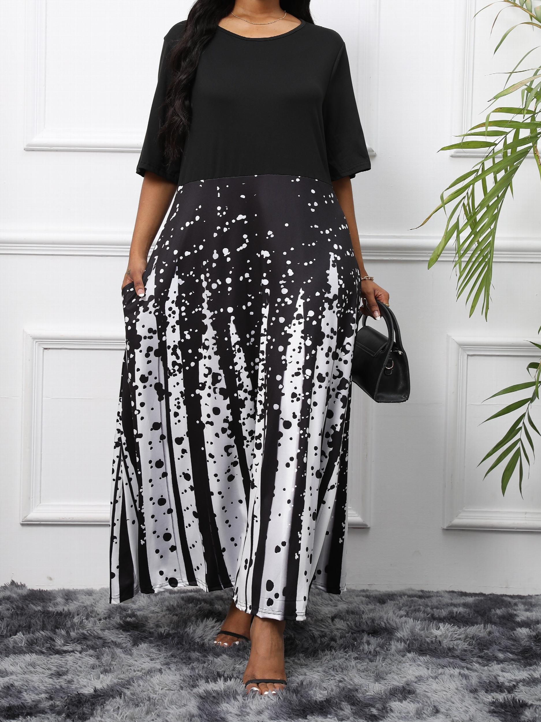  Colorblock Print Maxi Dress With Pockets