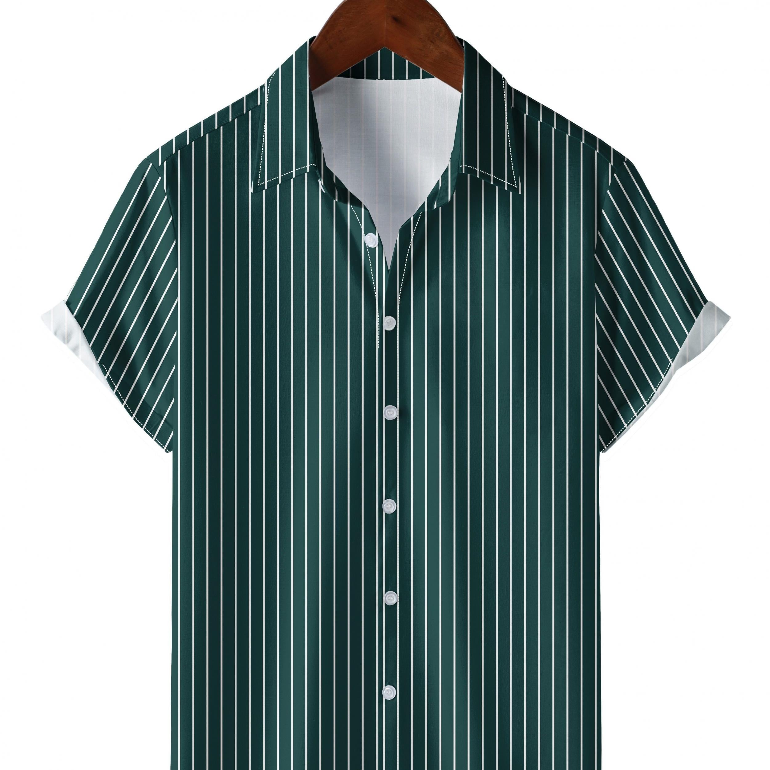 Men's Vertical Striped Camp Collar Bowling Shirt Short Sleeve Summer Hawaiian