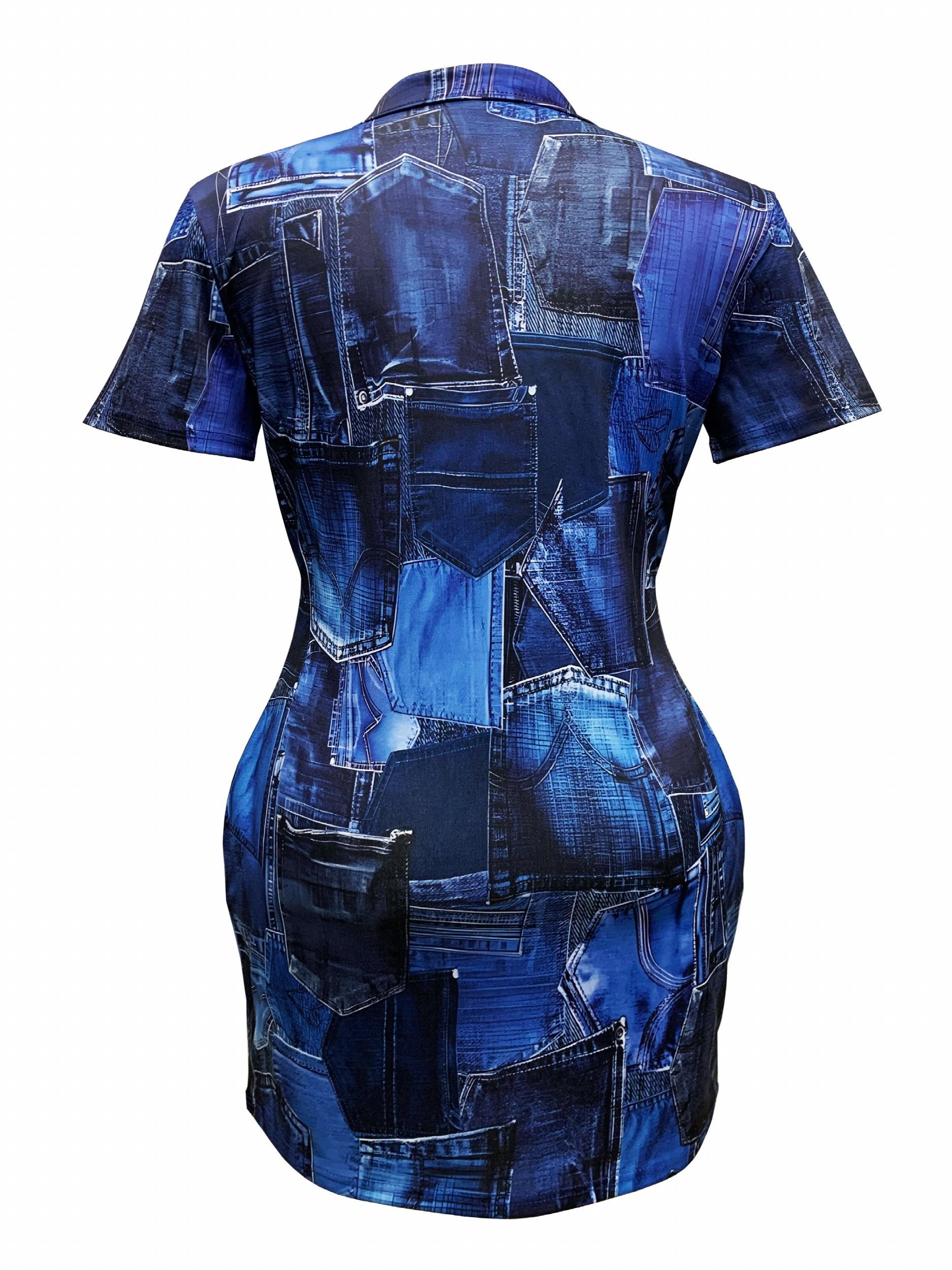 Women's Plus Denim Print Short Sleeve V Neck Dress