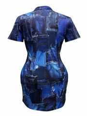 Women's Plus Denim Print Short Sleeve V Neck Dress