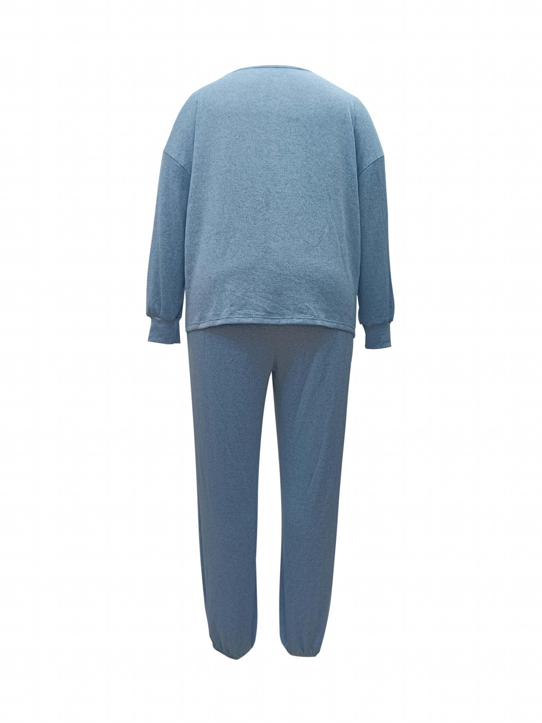  Solid Long Sleeve Top & Pants Outfit Set