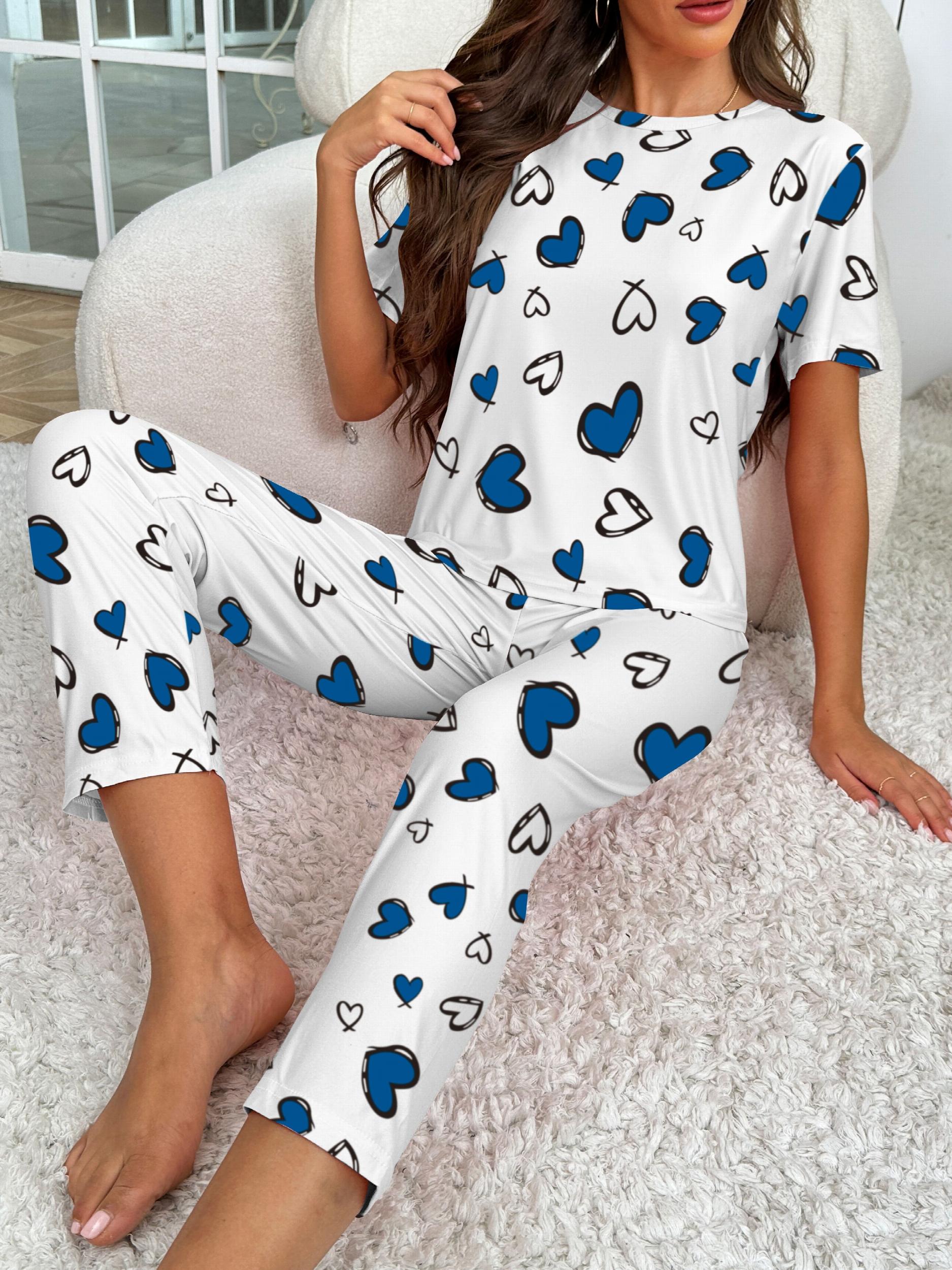 Heart Print Pajama Set Short Sleeve Top & Pants Women's Sleepwear