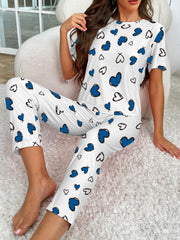 Heart Print Pajama Set Short Sleeve Top & Pants Women's Sleepwear