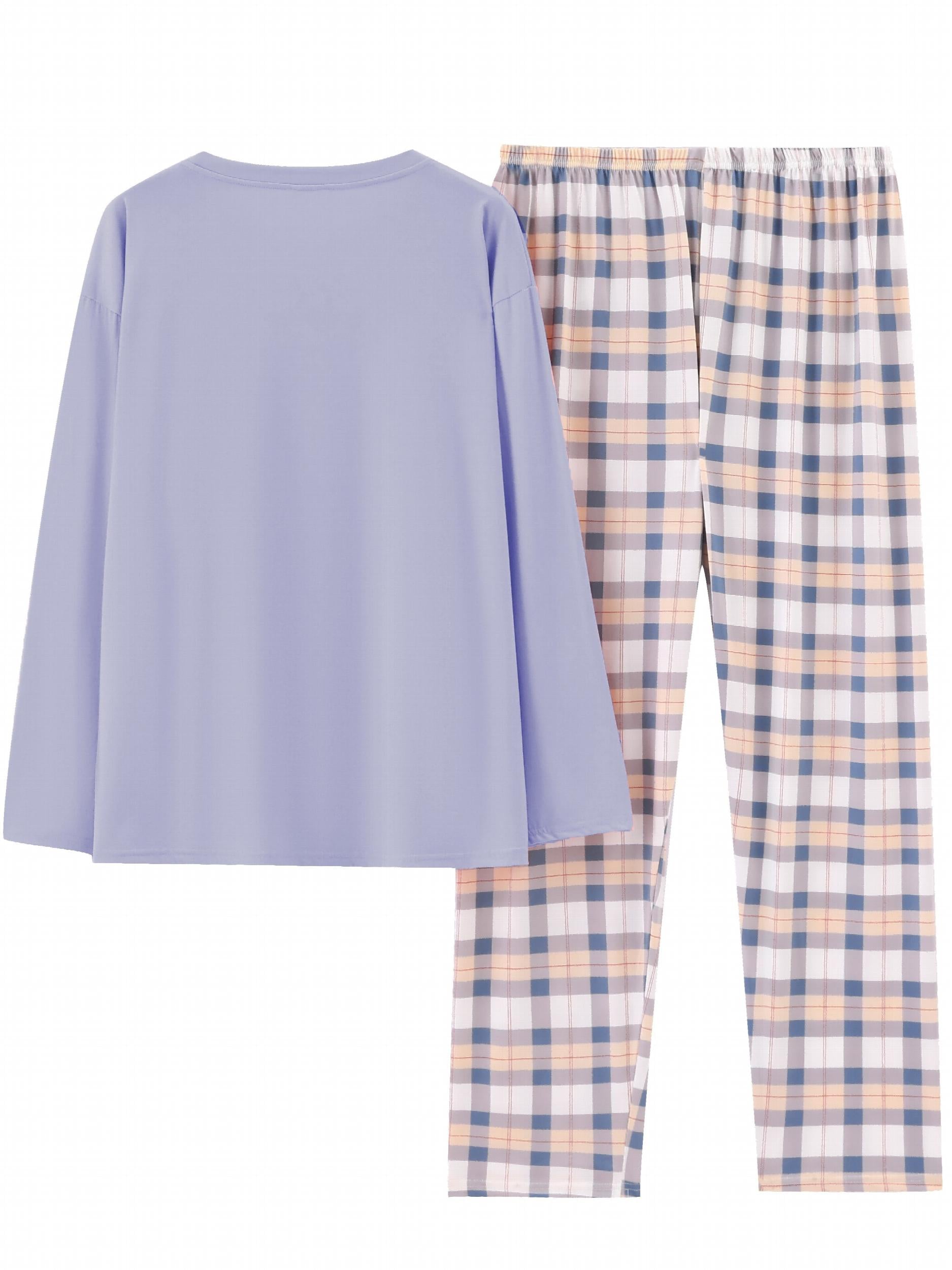  Casual Pajamas Set Women's Soft Tee & Plaid Pants 2pcs Set