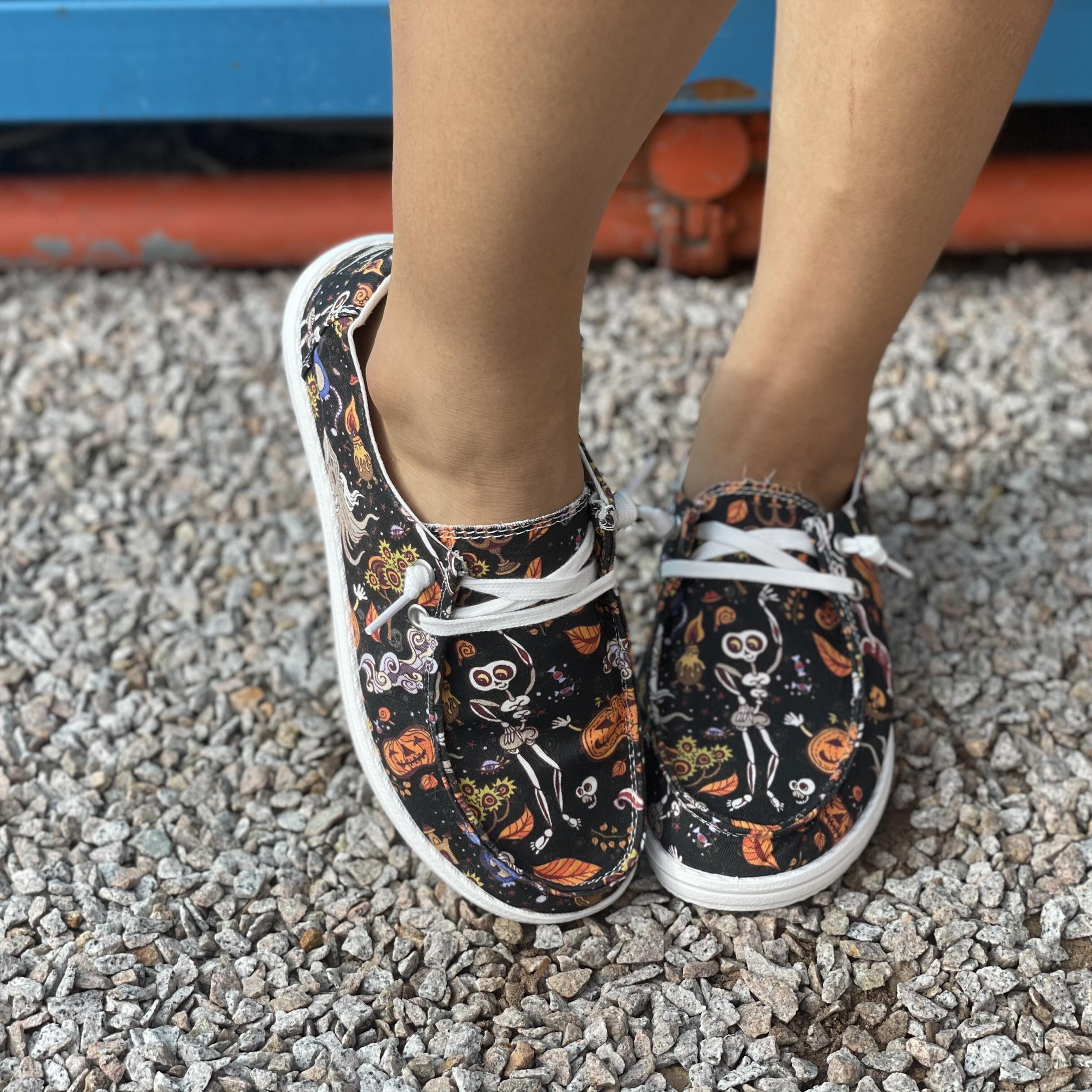 Skull & Pumpkin Canvas Slip-On Shoes Lightweight Flat Comfy Halloween