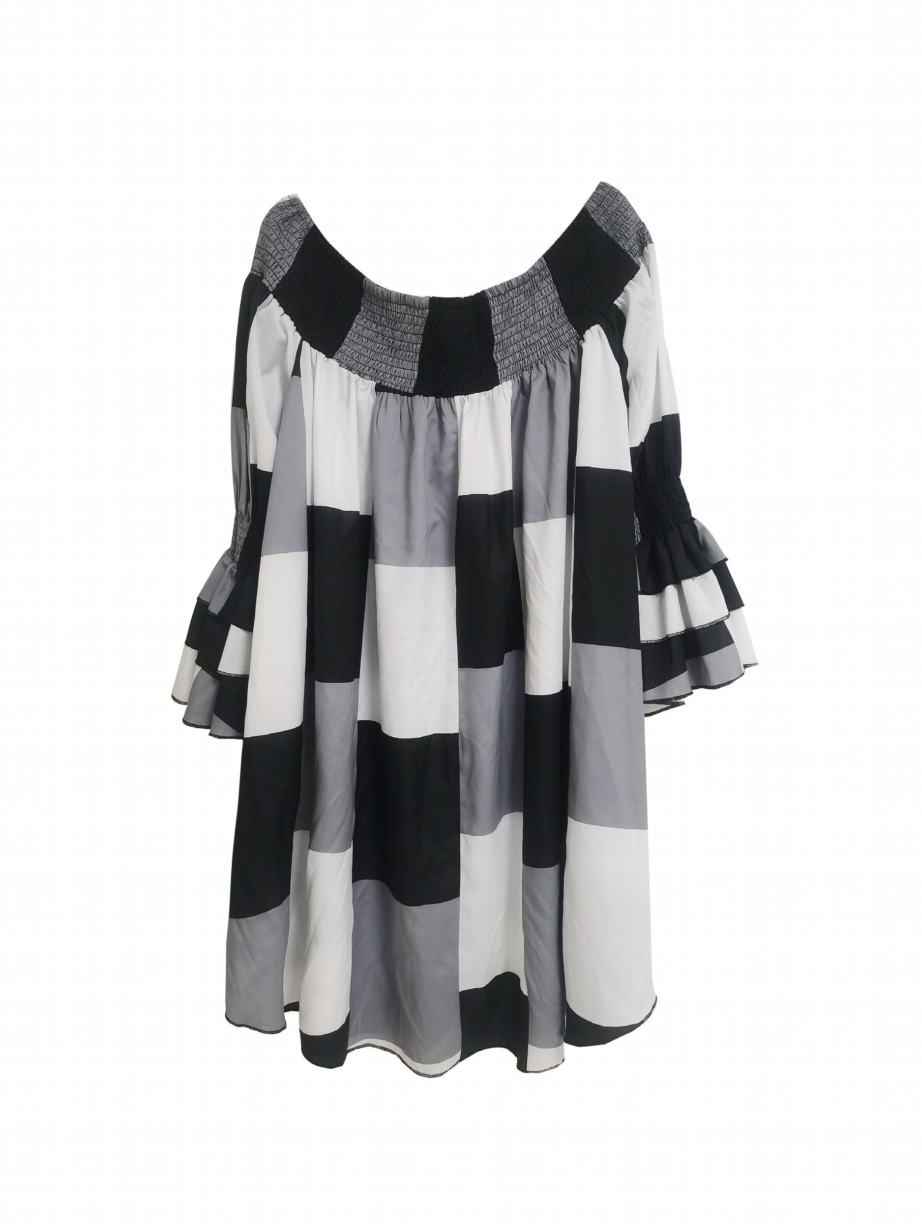  Colorblock Grid Print Off Shoulder Dress