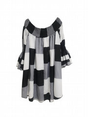  Colorblock Grid Print Off Shoulder Dress