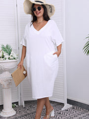  Short Sleeve V Neck Dress With Pockets