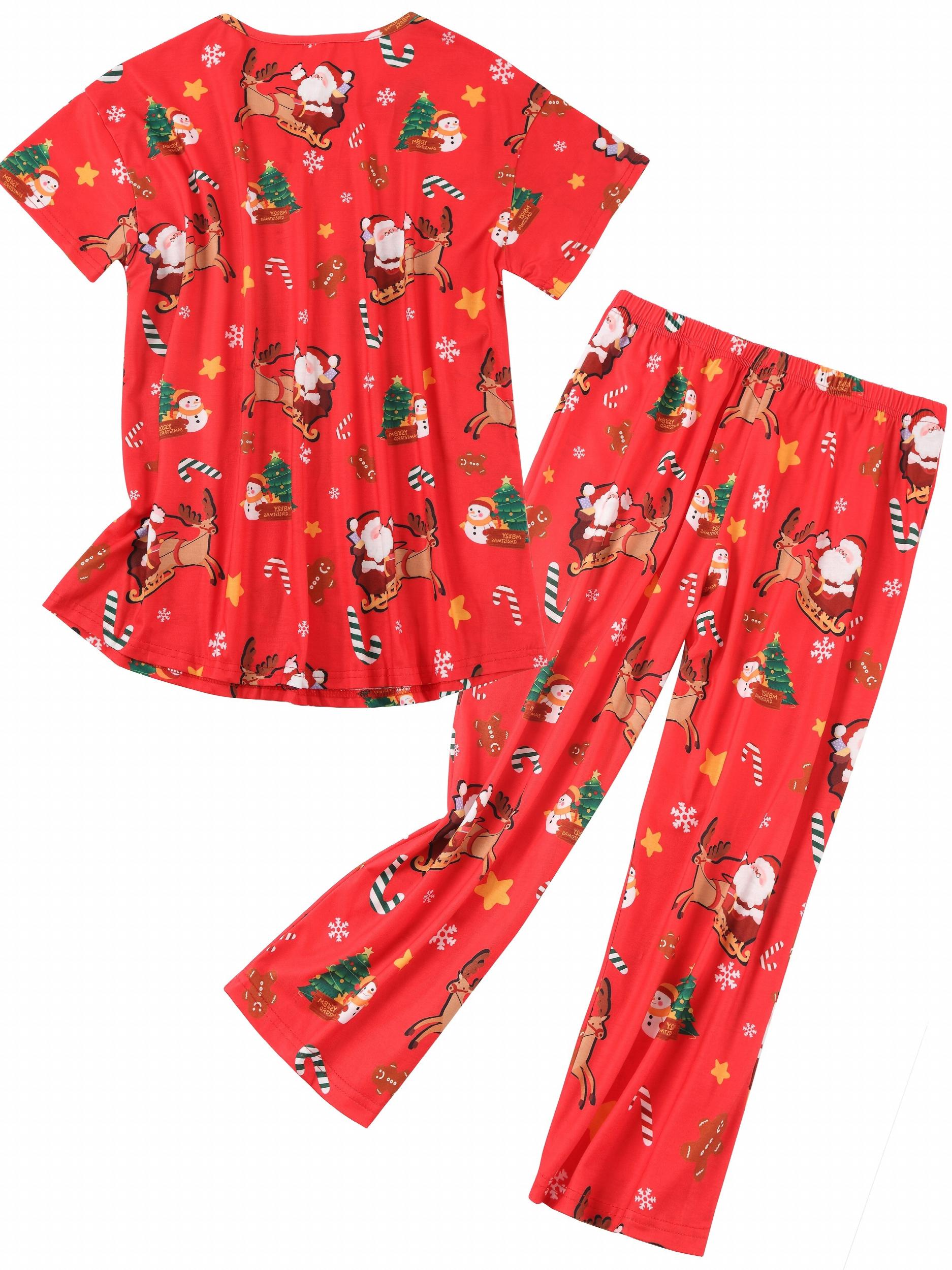 Christmas Cartoon Pajama Set Short Sleeve V Neck Top & Pants