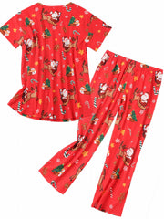 Christmas Cartoon Pajama Set Short Sleeve V Neck Top & Pants