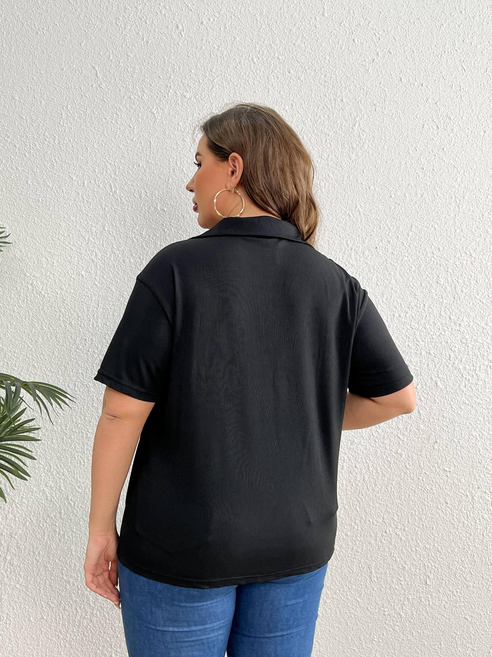  Solid Ribbed Half Zipper Short Sleeve Blouse