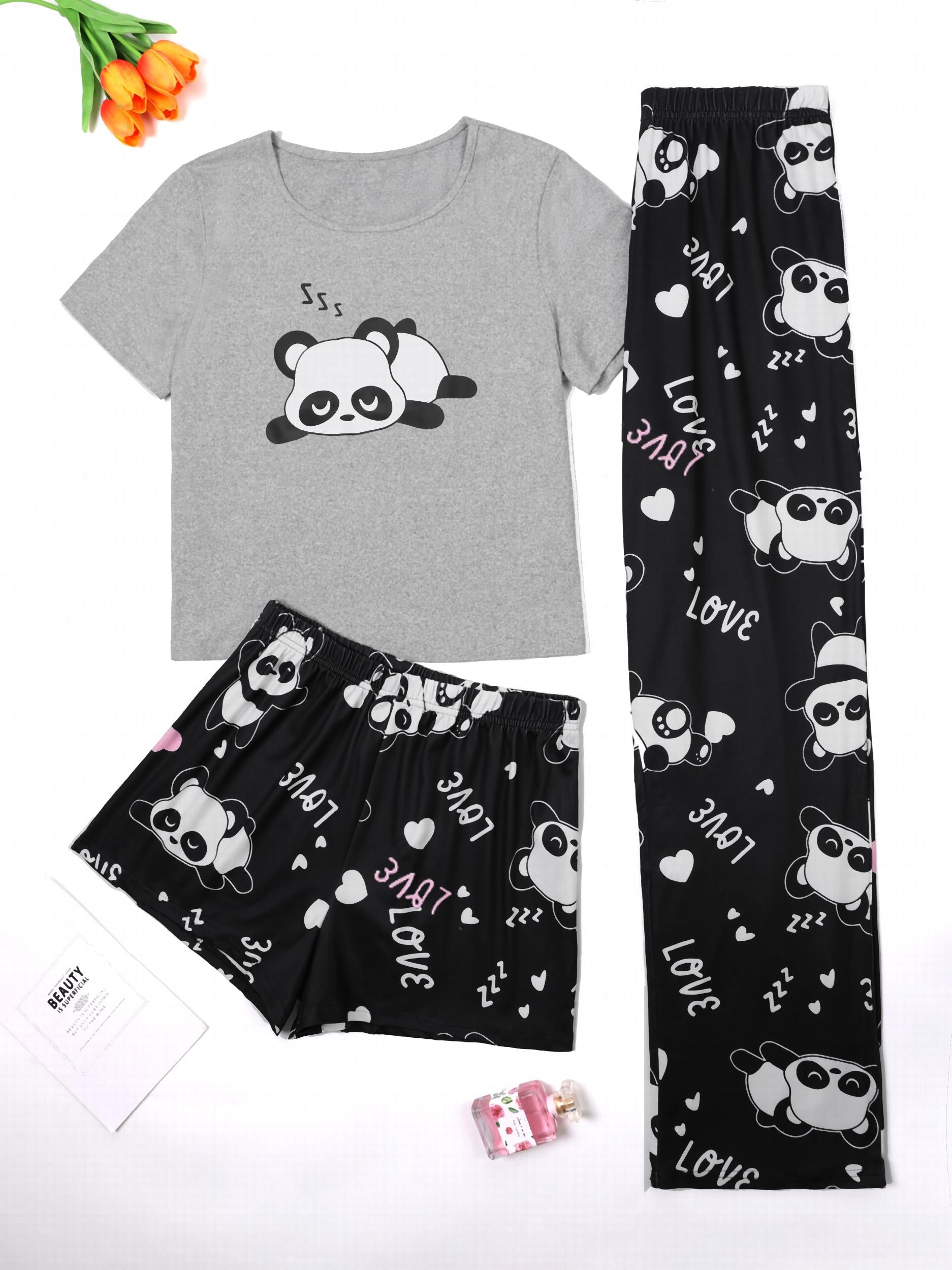 Panda Print Lounge Set Short Sleeve Crew Neck Top & Shorts & Pants