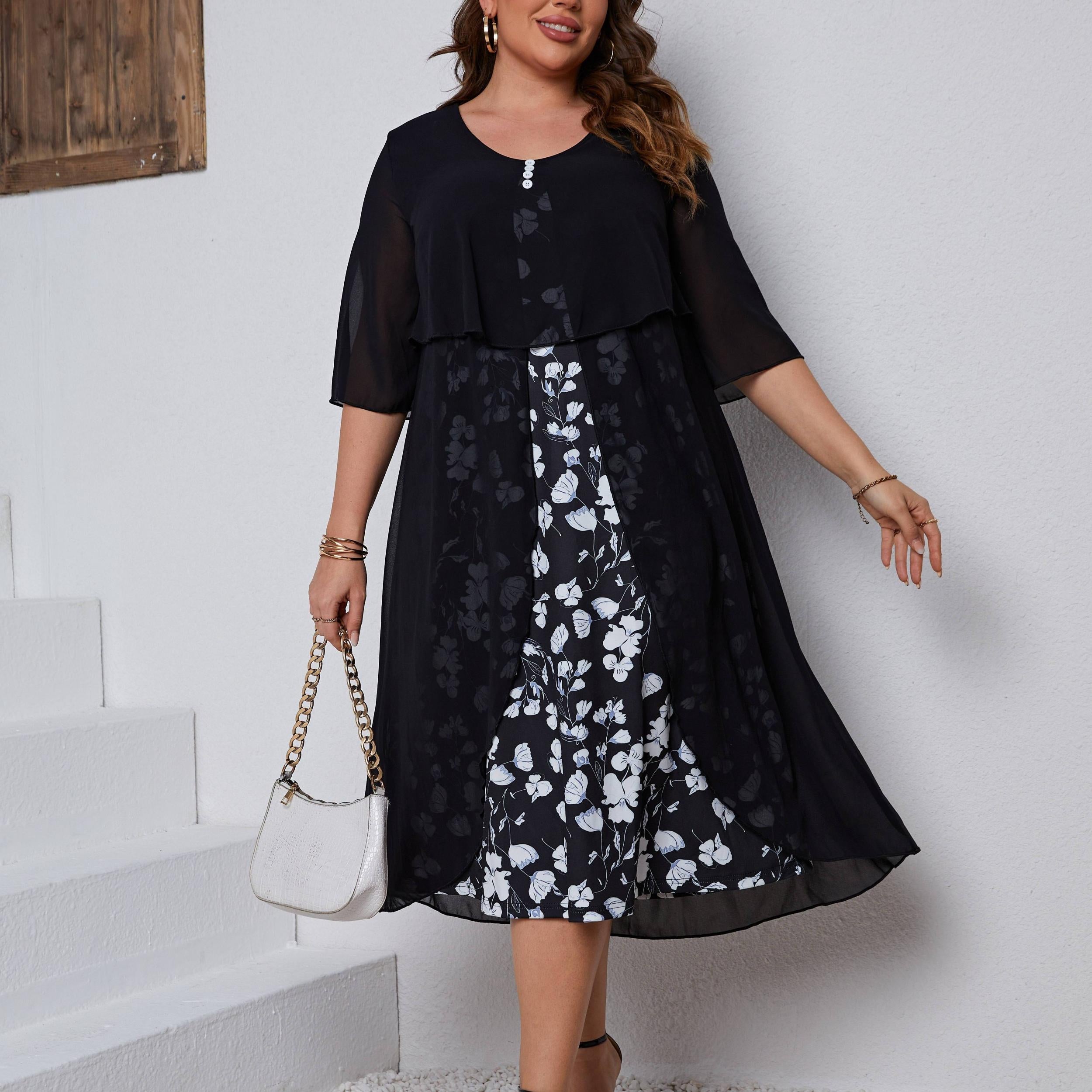  Women's Floral Print Layered Sleeve Dress