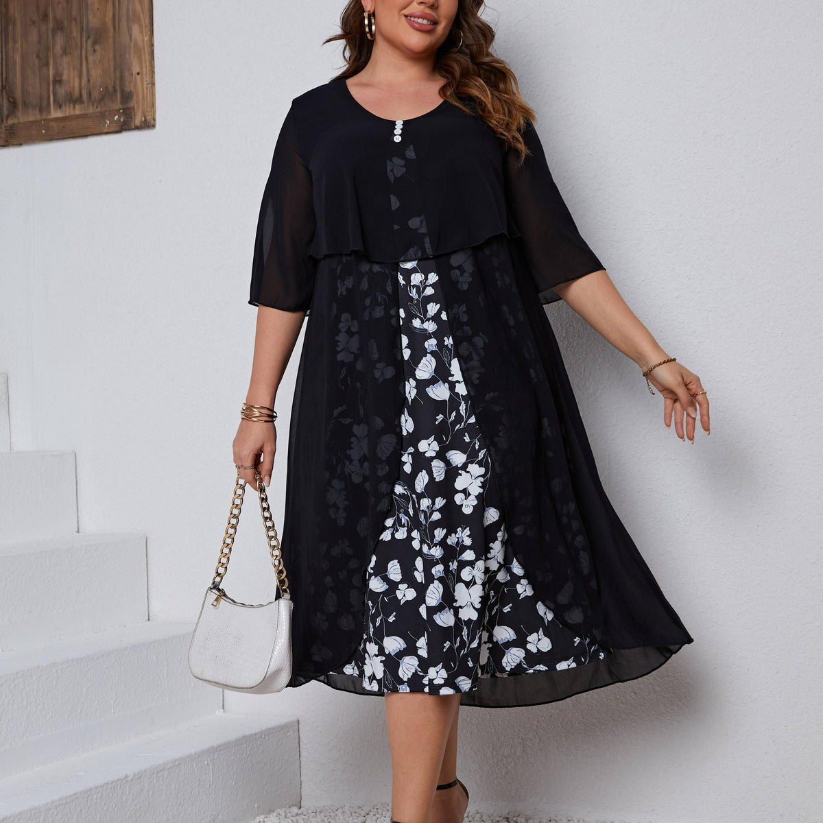  Women's Floral Print Layered Sleeve Dress