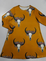 Plus Size Western Style Dress Women's Plus Floral Bull Skull Print Long Sleeve