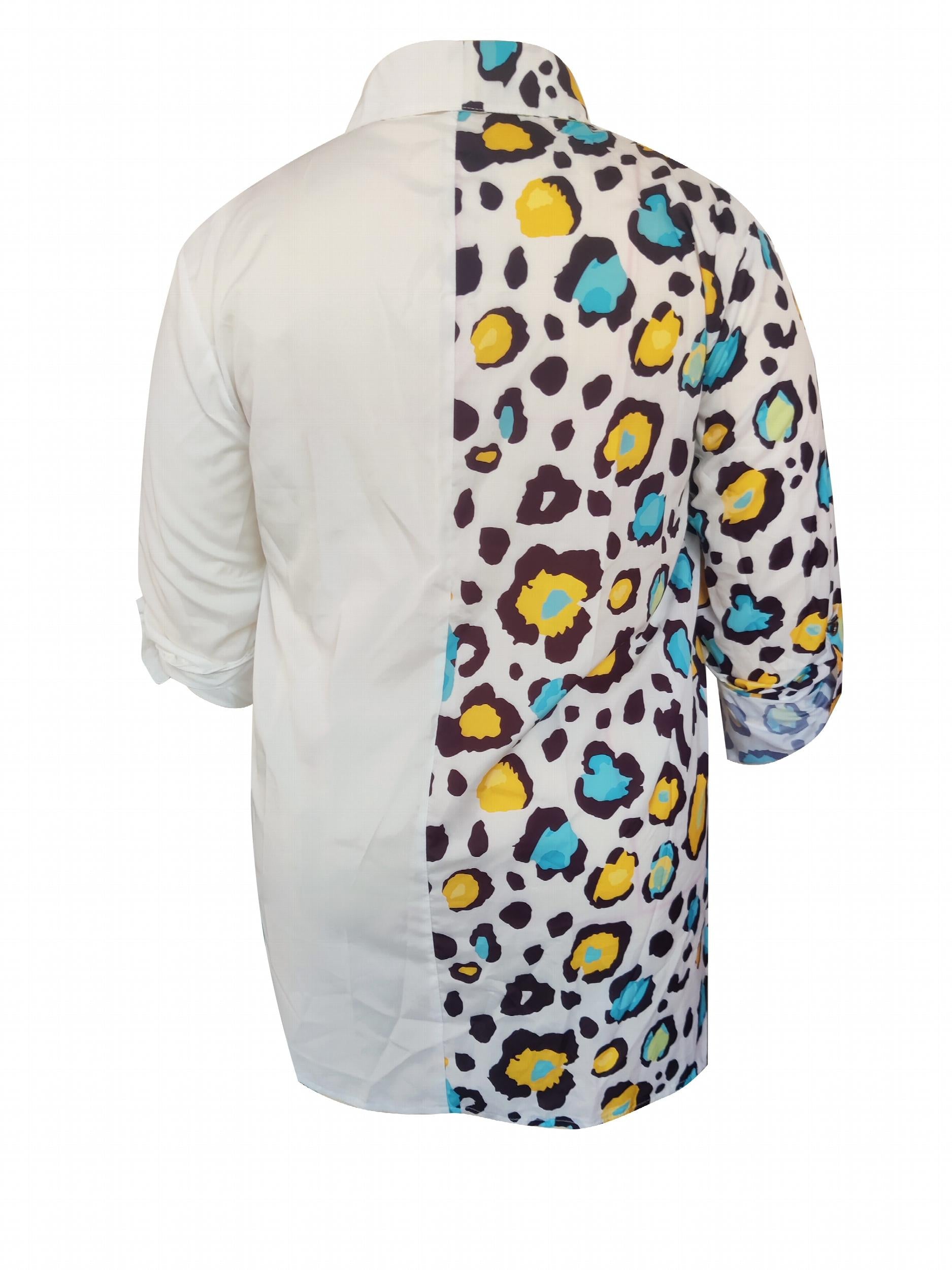  Colorblock Leopard Print Button Up Tunic Shirt