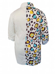  Colorblock Leopard Print Button Up Tunic Shirt