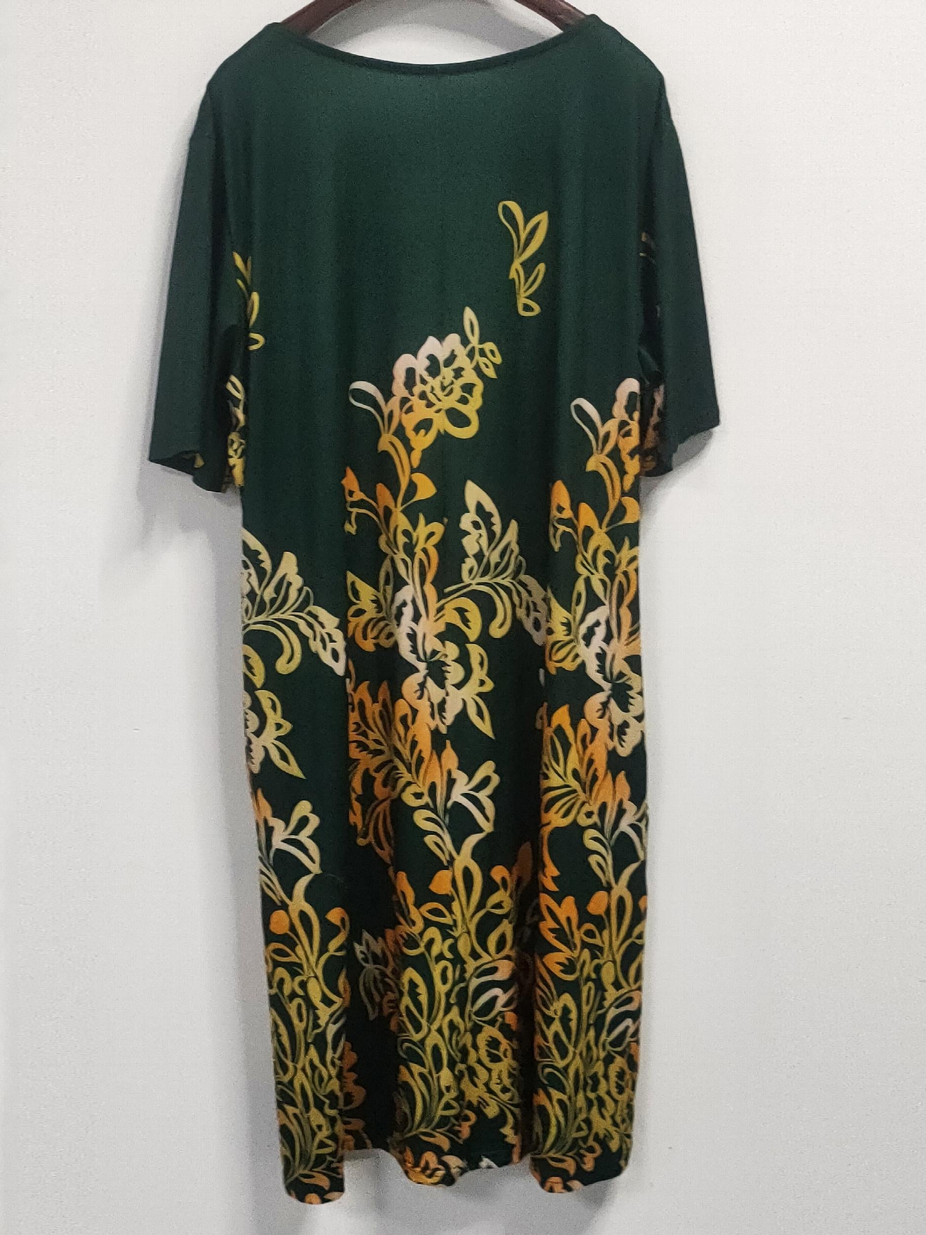  Women's Floral Print Round Neck Dress With Pockets