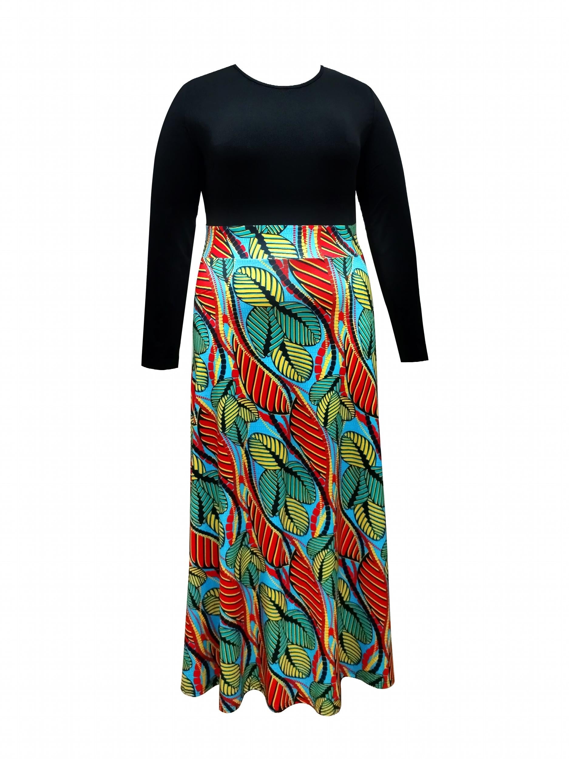  Colorblock Leaf Print Round Neck Maxi Dress