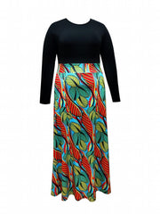  Colorblock Leaf Print Round Neck Maxi Dress