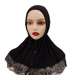 Lace Hijab Snap Button Head Scarf Women Solid Turban Elastic Ramadan
