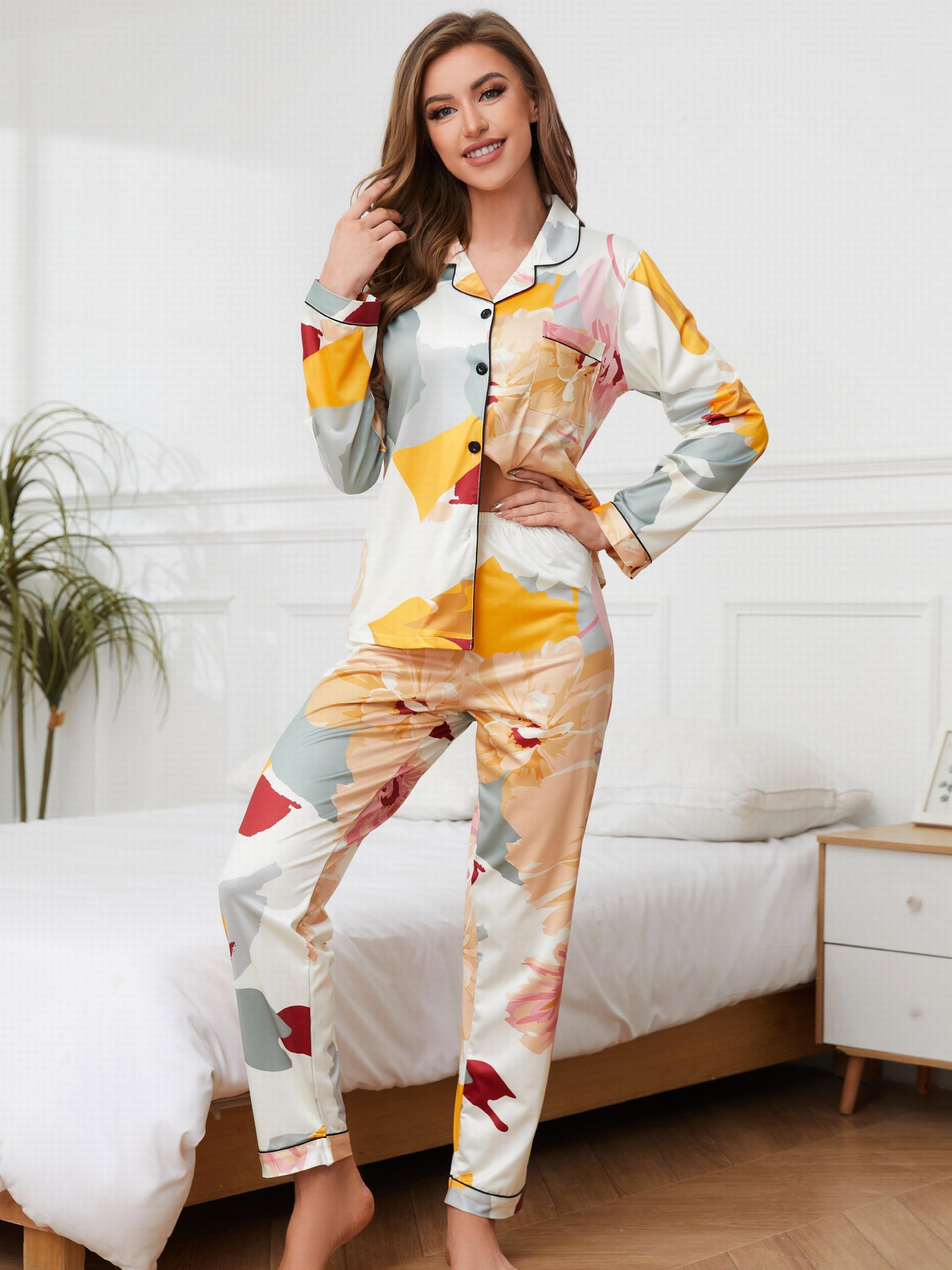 Floral Print Pajama Set Long Sleeve Top & Elastic Waistband Pants