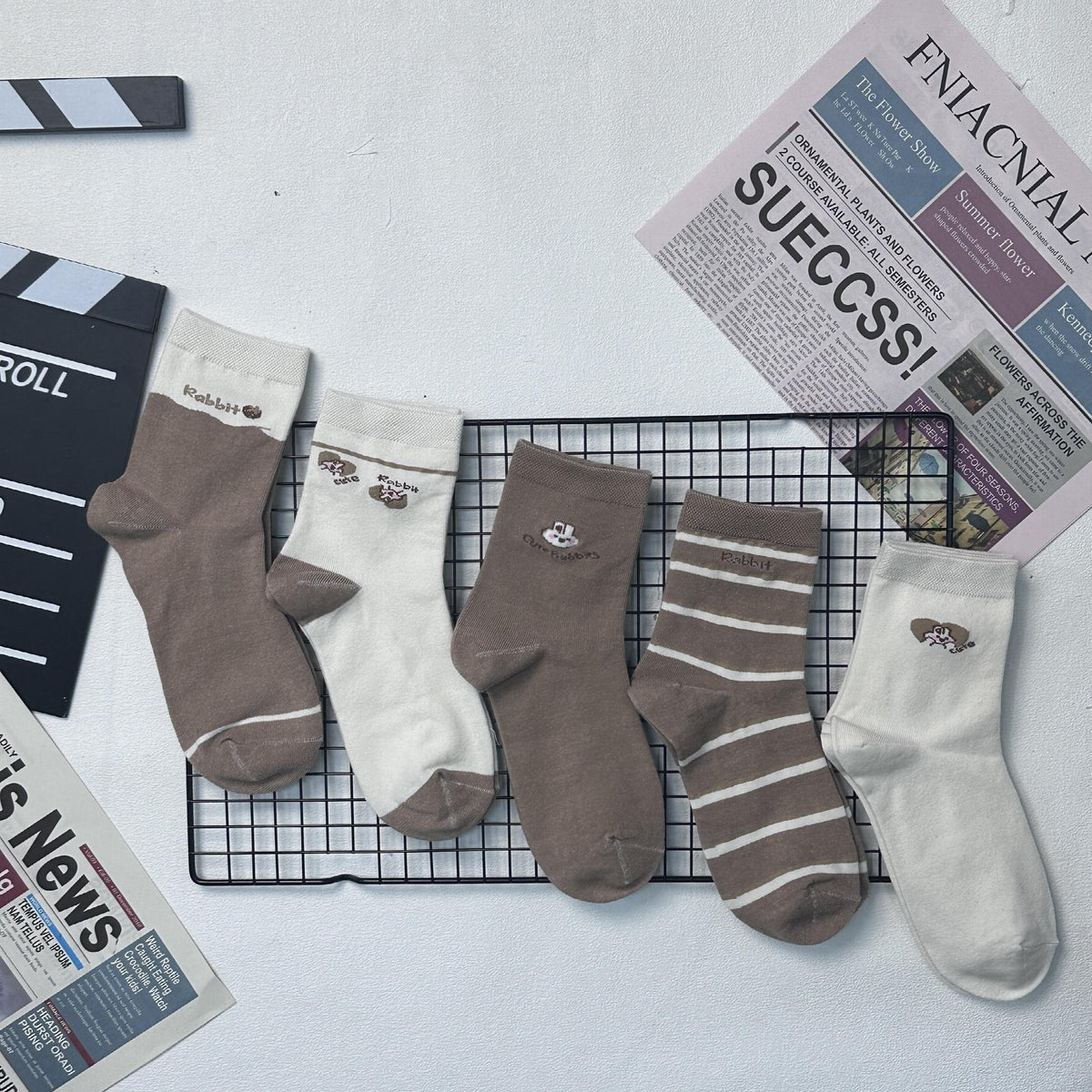 5 Pairs Cartoon Rabbit & Letter Print Socks Soft Mid Tube Women's Stockings