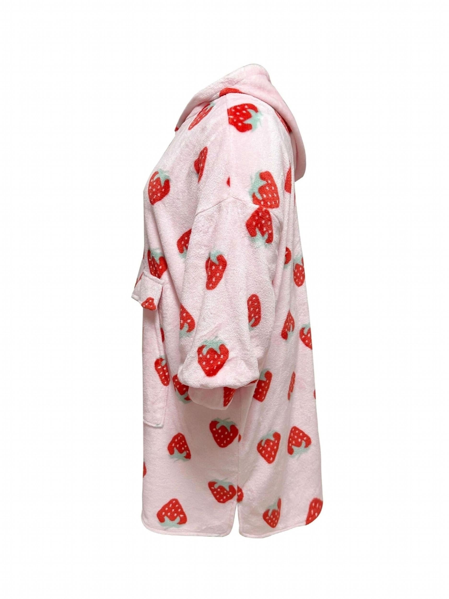 Women's Plus Strawberry Pattern Plush Hooded Sherpa Wearable Blanket