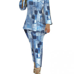 Patchwork Print Two Piece Set V Neck Long Sleeve Tops & Pants