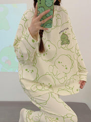 Dino Print Pajama Set Long Sleeve Top & Pants Women's Sleepwear