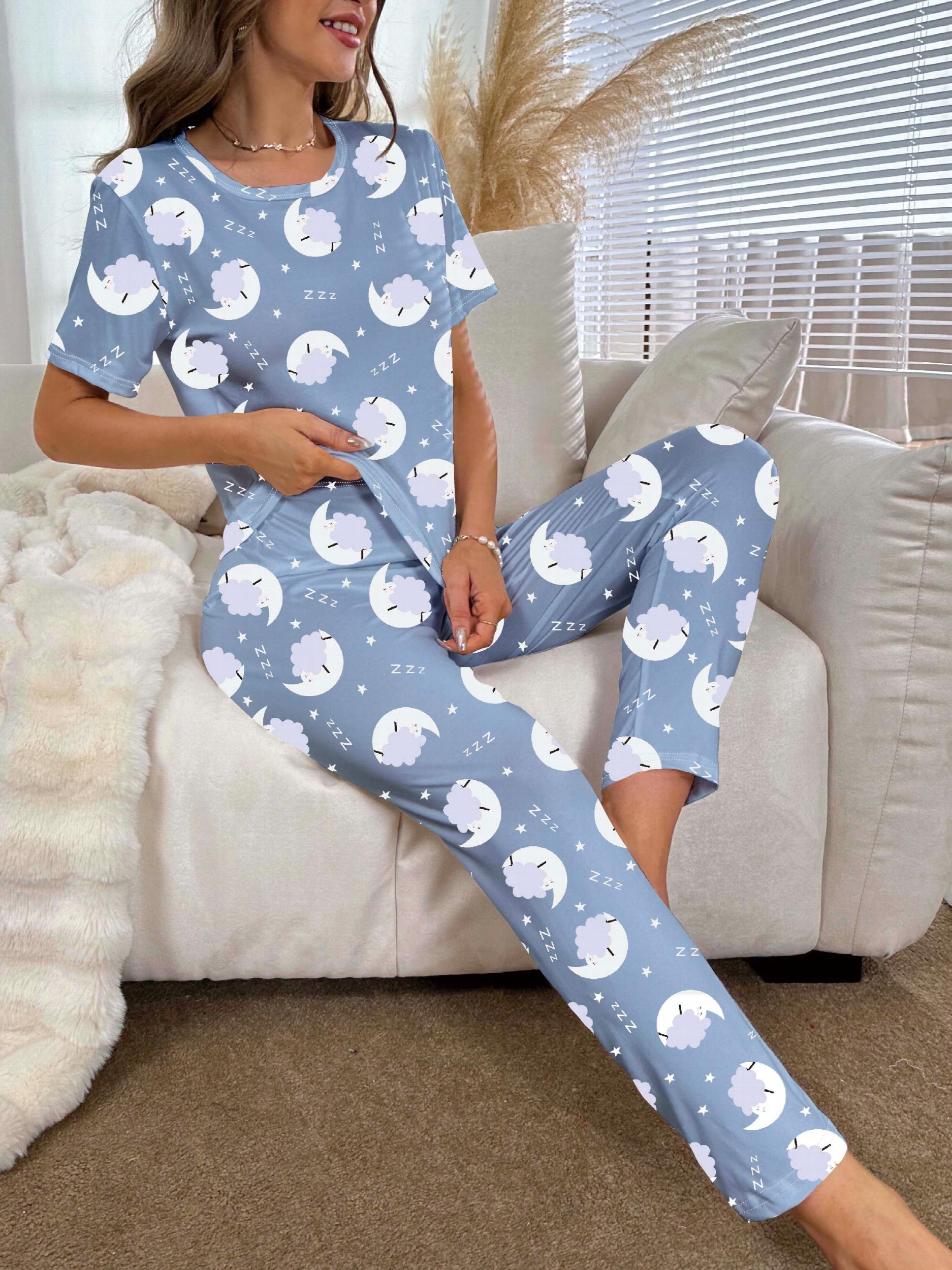 Moon & Cloud Pajama Set Short Sleeve Top & Pants Women's Sleepwear