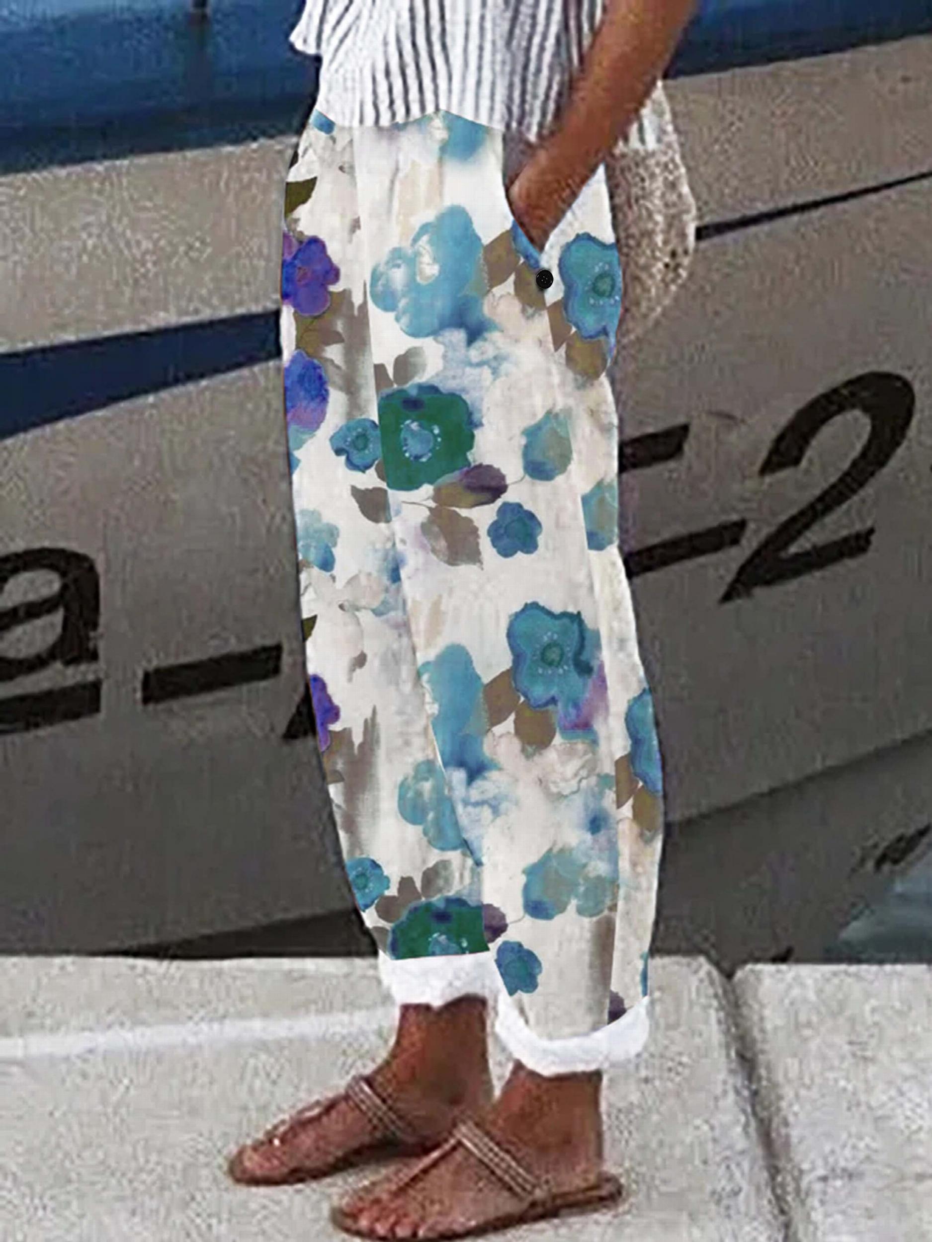 Graphic Print Dual Pockets Loose Pants Casual Comfy Pants