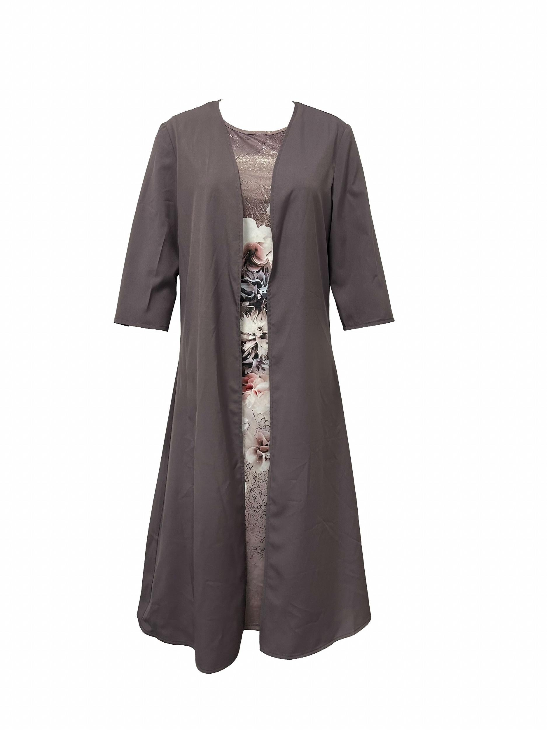 Casual Daily Wear 2pc Set Solid 3/4 Sleeve Cardigan & Floral Print Sleeve
