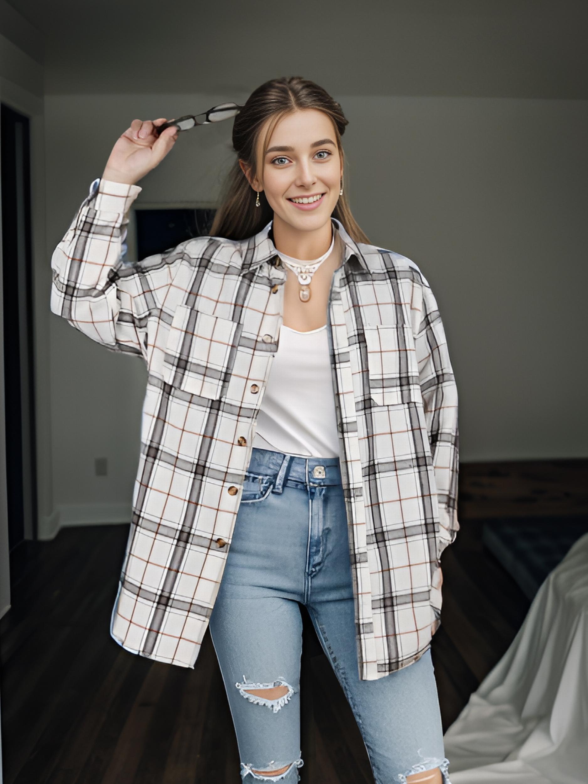  Casual Plaid Print Button Up Long Sleeve Shacket