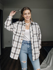  Casual Plaid Print Button Up Long Sleeve Shacket