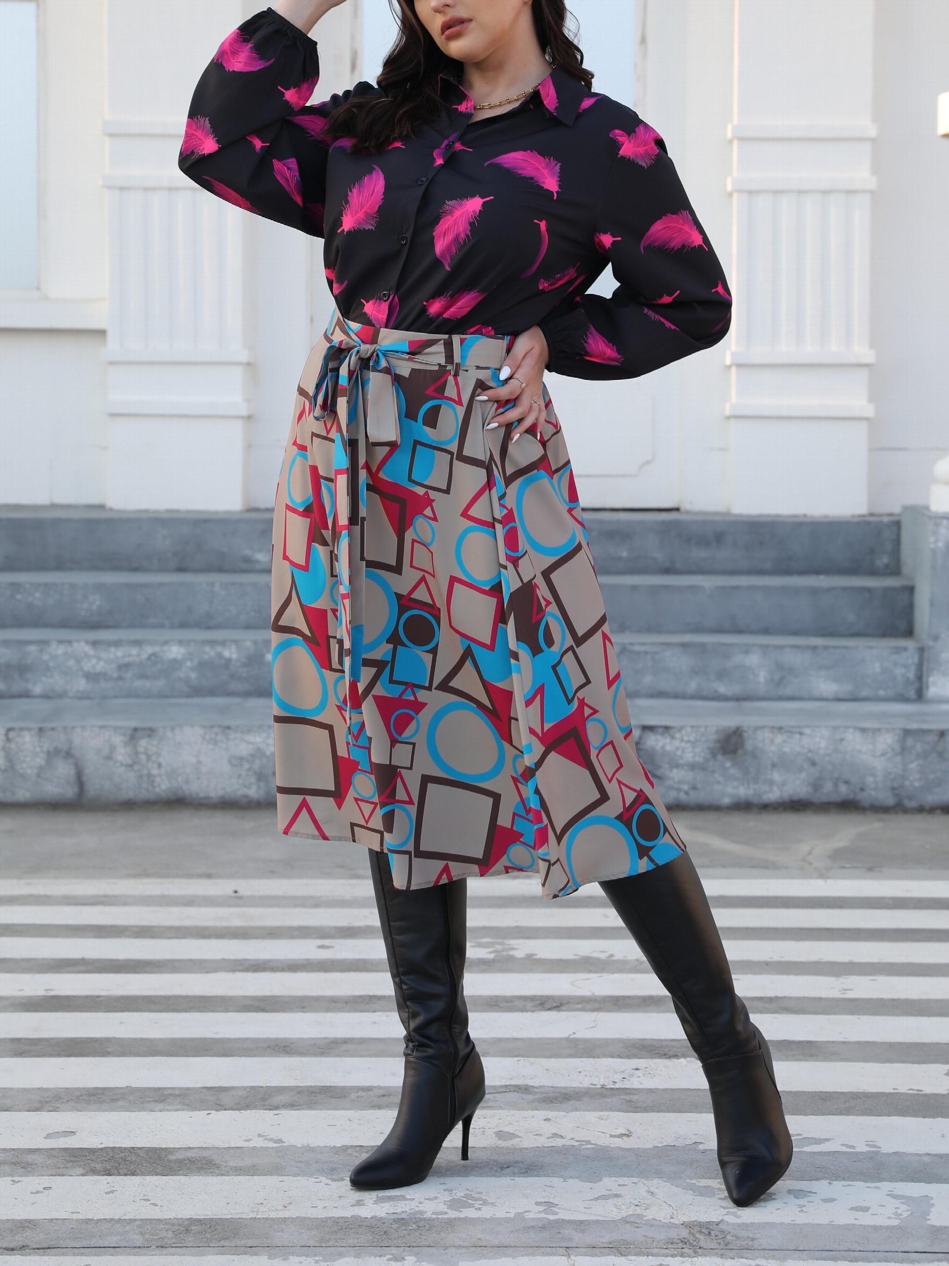  Geometric Print Knot Front Midi Skirt