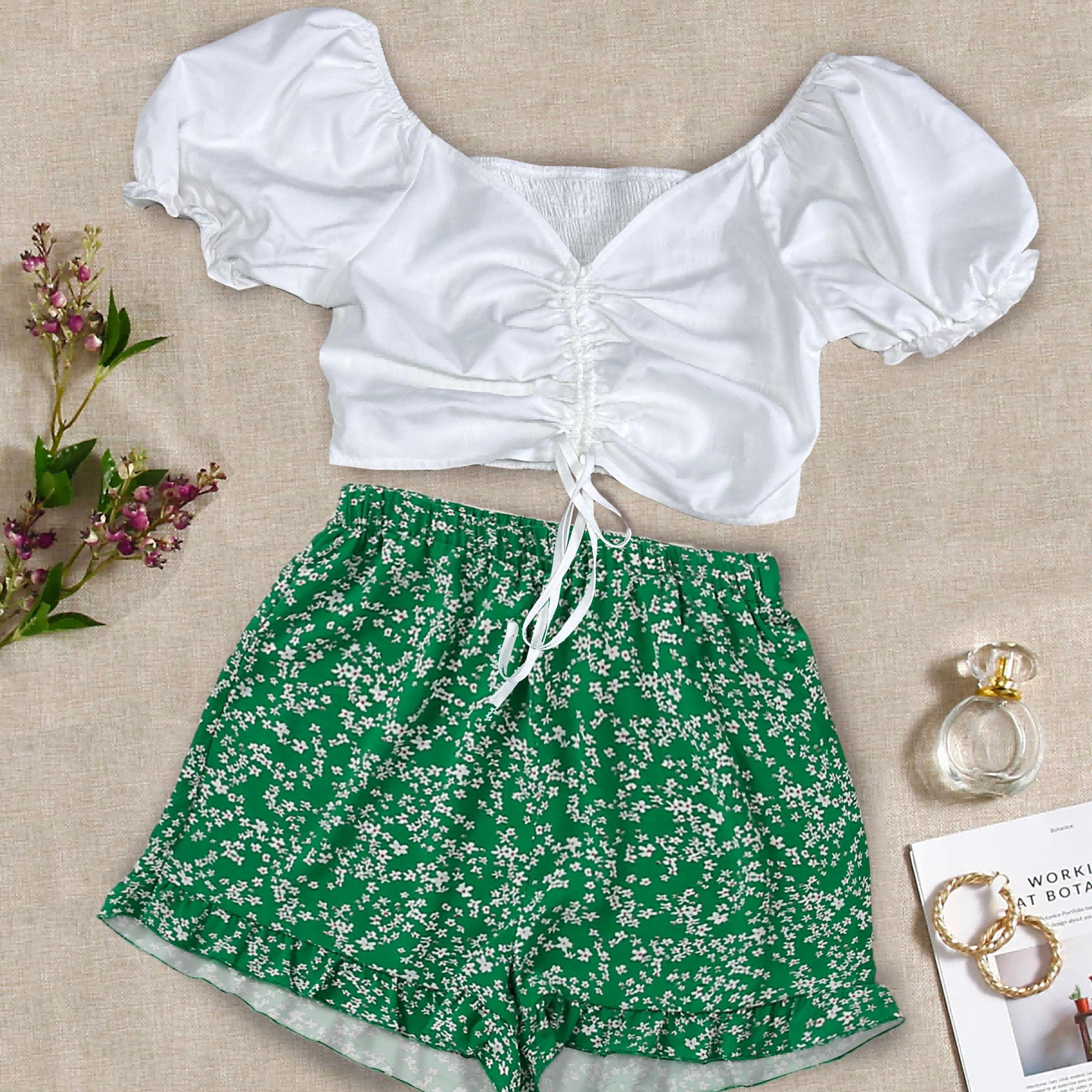 Casual Two Piece Set Drawstring Puff Sleeve Tops & Floral Print Elastic Shorts